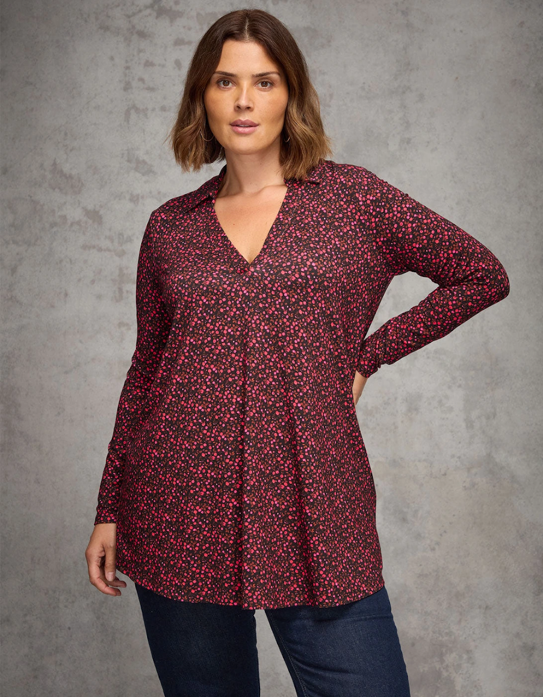 Red Ditsy Floral Print Jersey Polo Collar Tunic