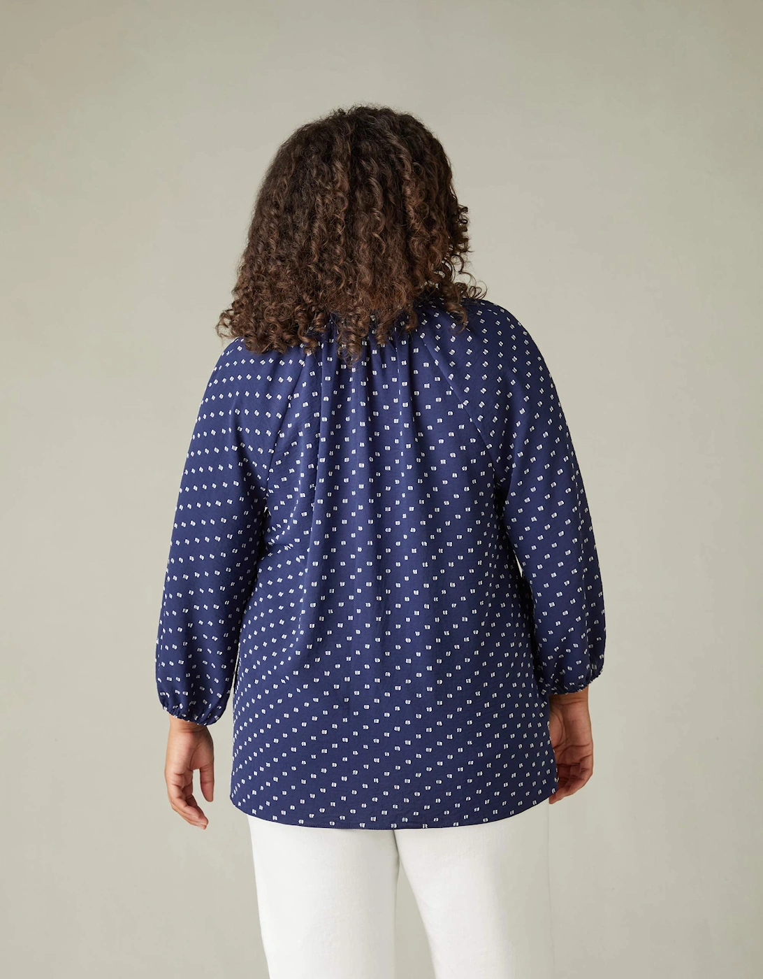 Navy Dobby Ruffle Neck Blouse
