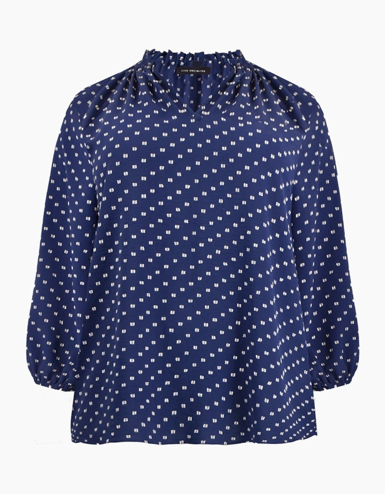 Navy Dobby Ruffle Neck Blouse