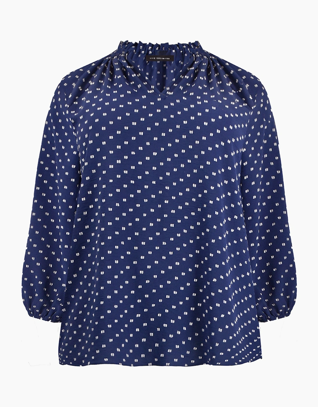 Navy Dobby Ruffle Neck Blouse