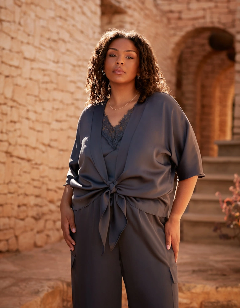 Charcoal Satin Tie Front Cover Up