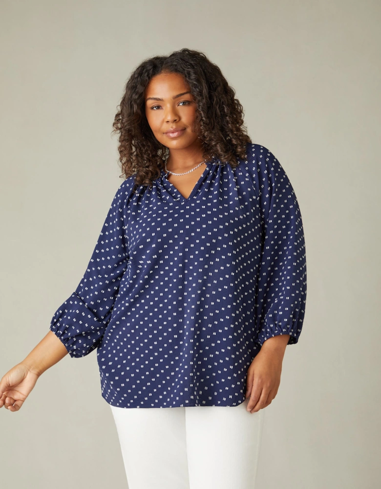 Navy Dobby Ruffle Neck Blouse