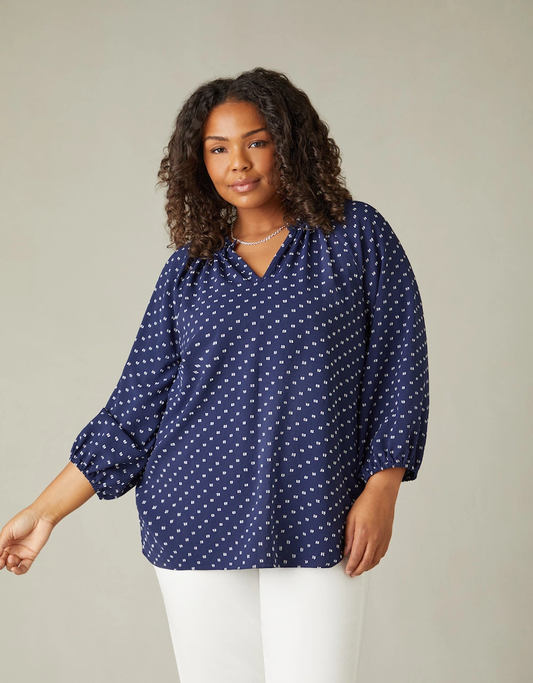 Navy Dobby Ruffle Neck Blouse
