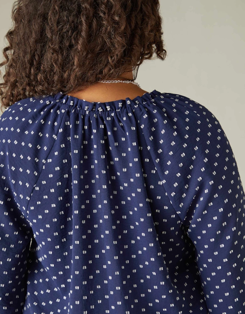 Navy Dobby Ruffle Neck Blouse
