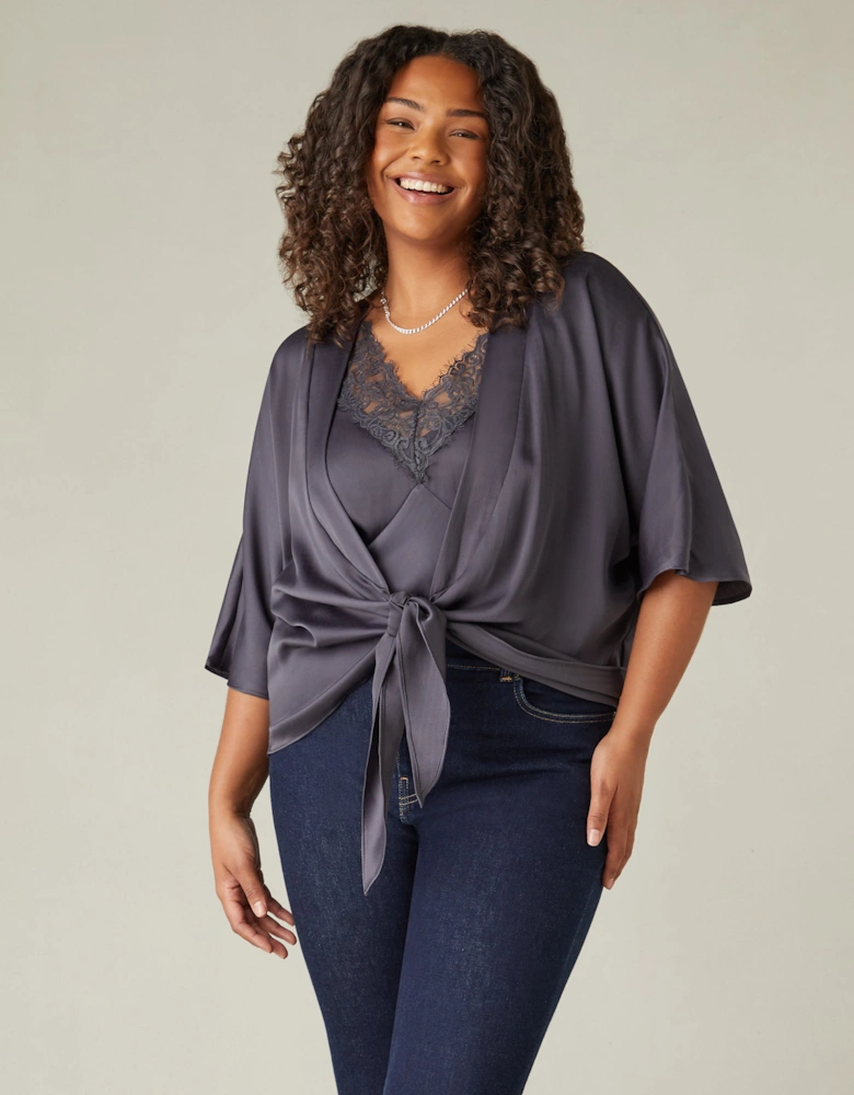 Charcoal Satin Tie Front Cover Up