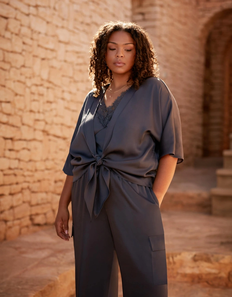 Charcoal Satin Tie Front Cover Up
