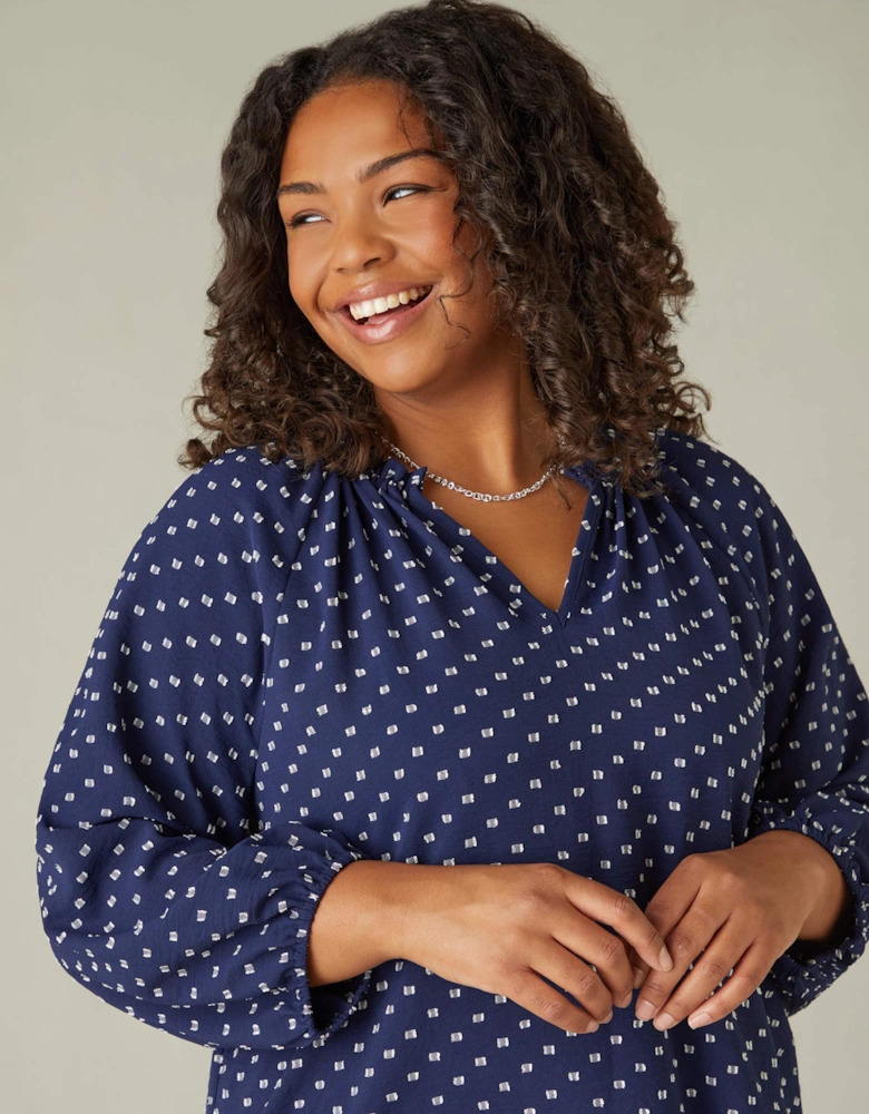 Navy Dobby Ruffle Neck Blouse