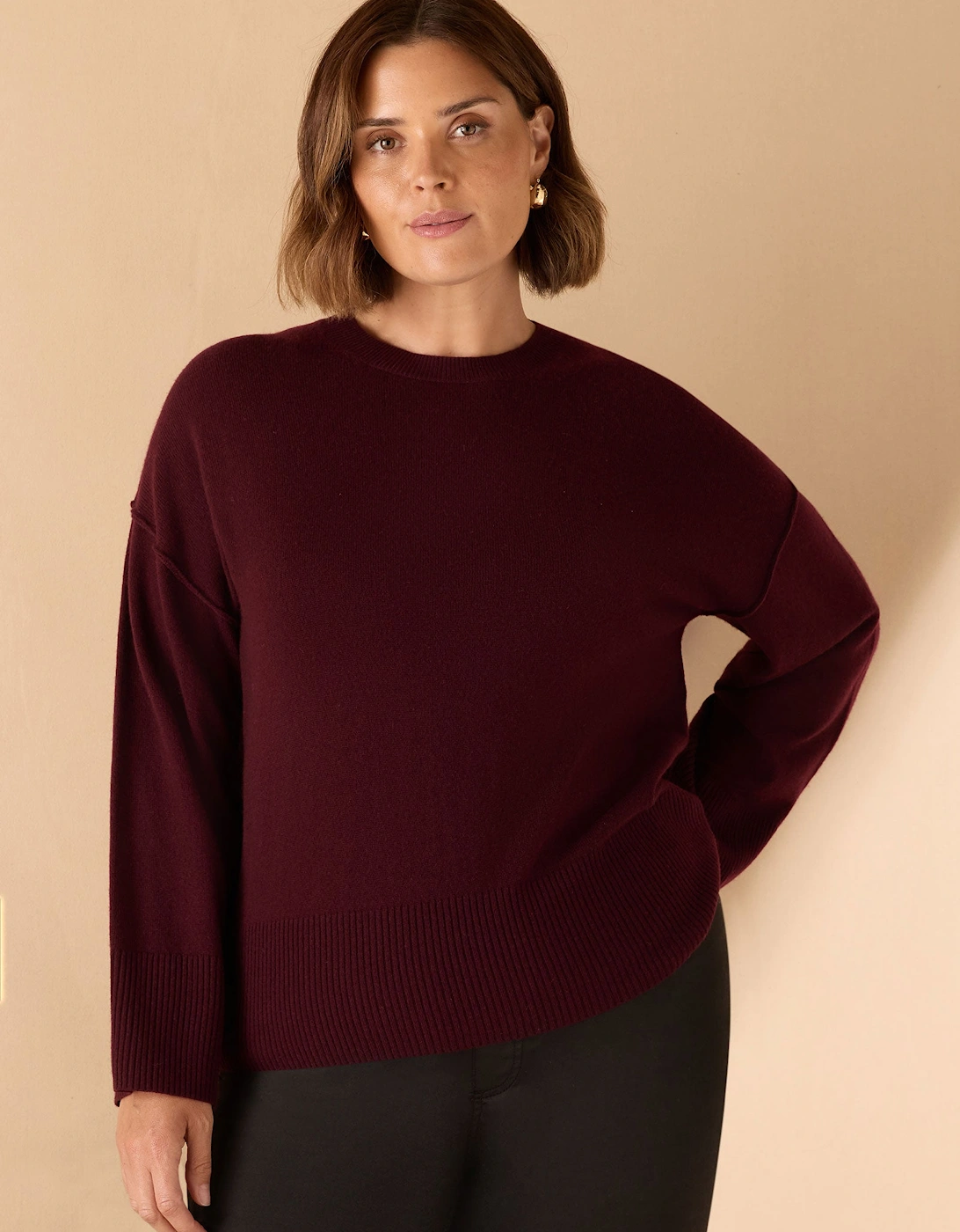 Burgundy Seam Detail Round Neck Knit Jumper