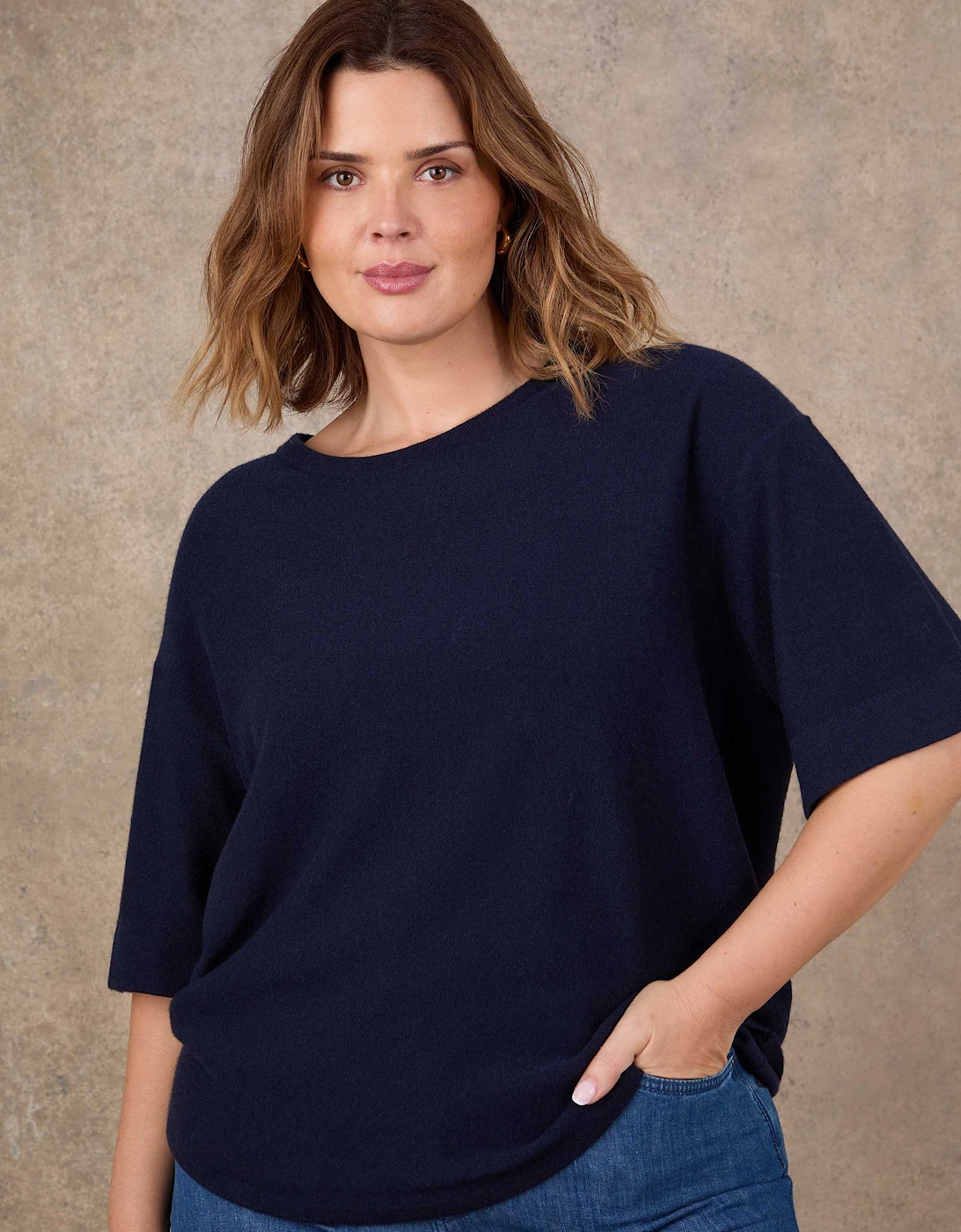 Navy Short Sleeve Knitted Jumper With Cashmere