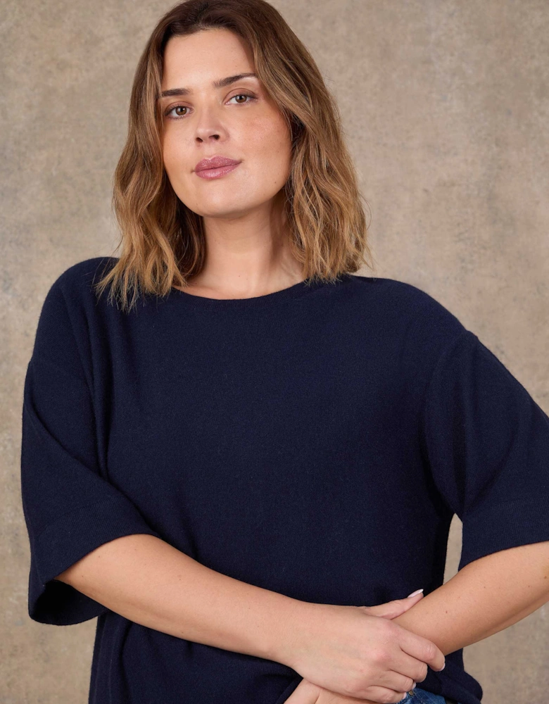 Navy Short Sleeve Knitted Jumper With Cashmere