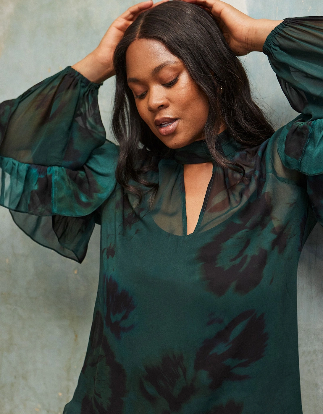 Green Floral Print High Neck Ruffle Blouse, 6 of 5