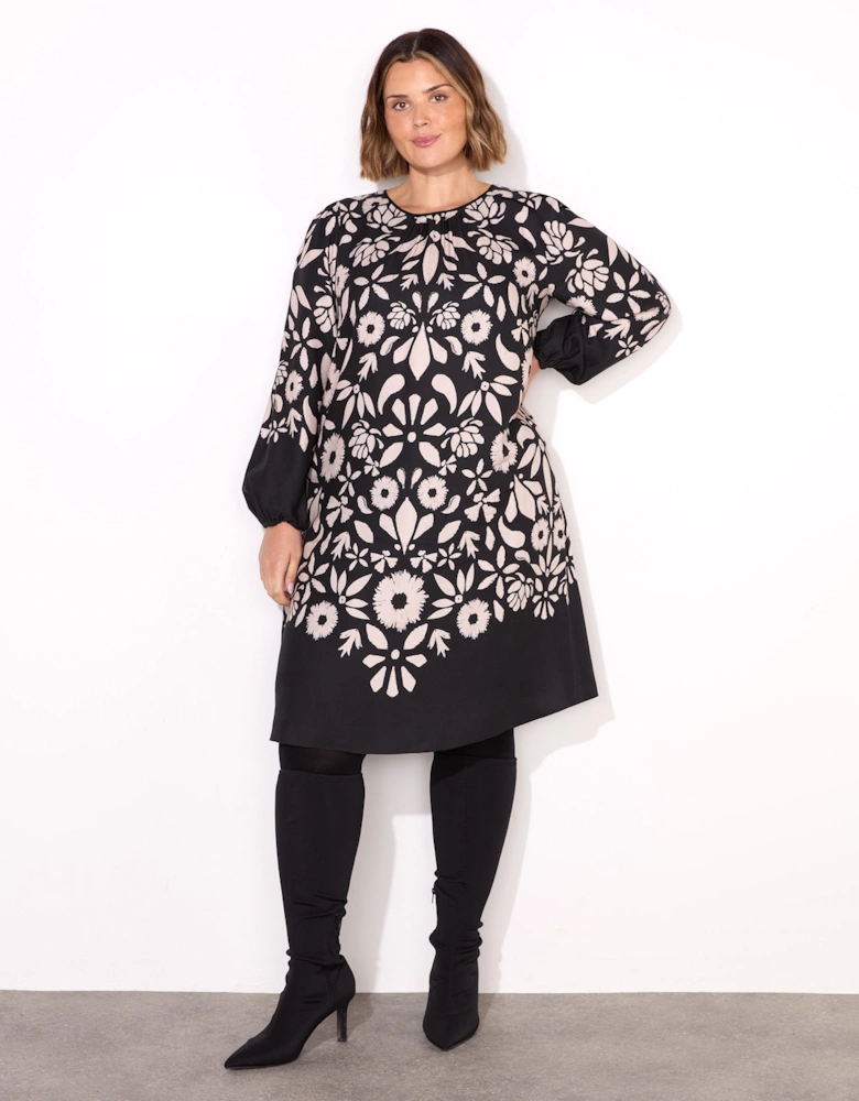 Black Graphic Floral Placement Dress