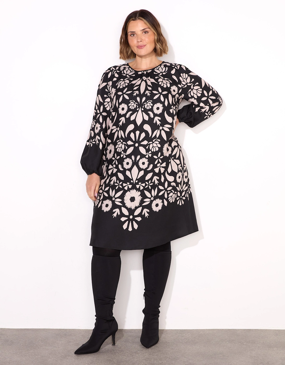 Black Graphic Floral Placement Dress