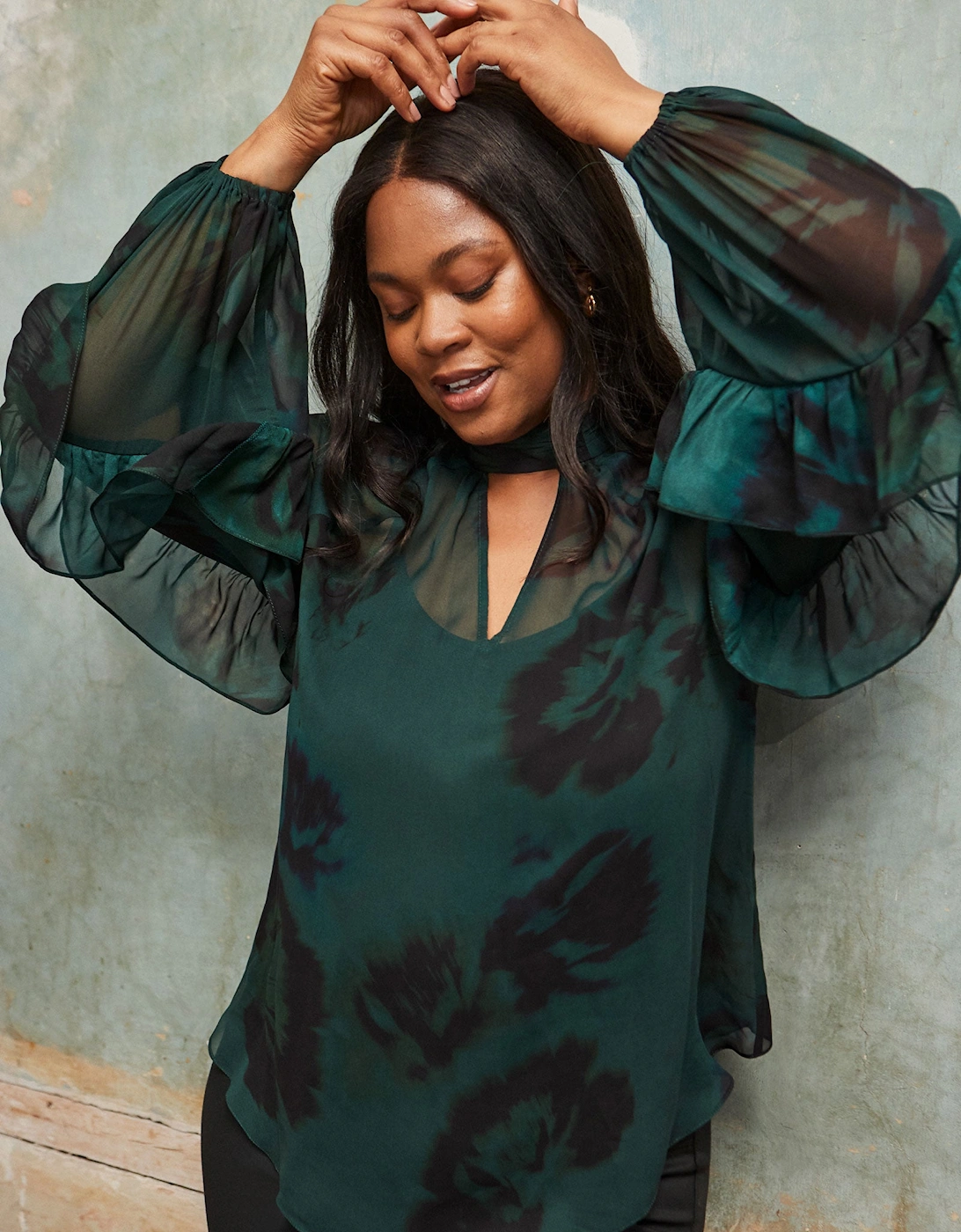Green Floral Print High Neck Ruffle Blouse