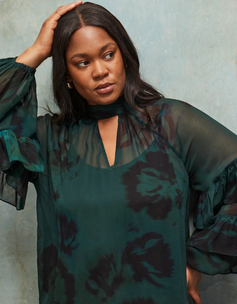Green Floral Print High Neck Ruffle Blouse