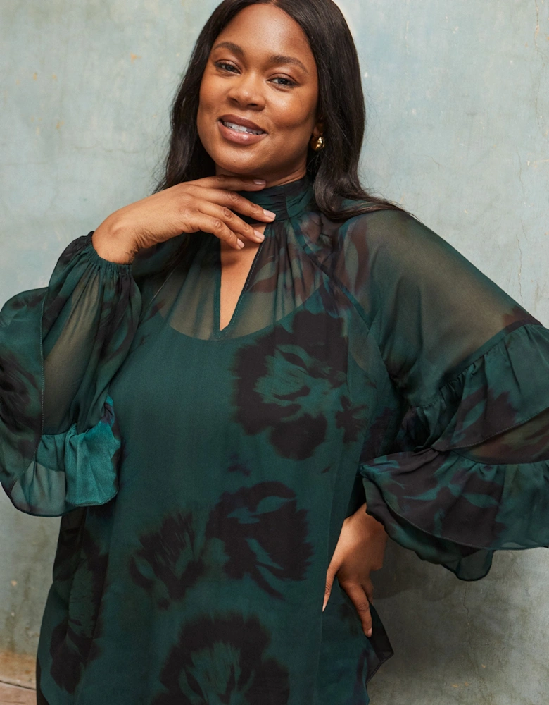 Green Floral Print High Neck Ruffle Blouse