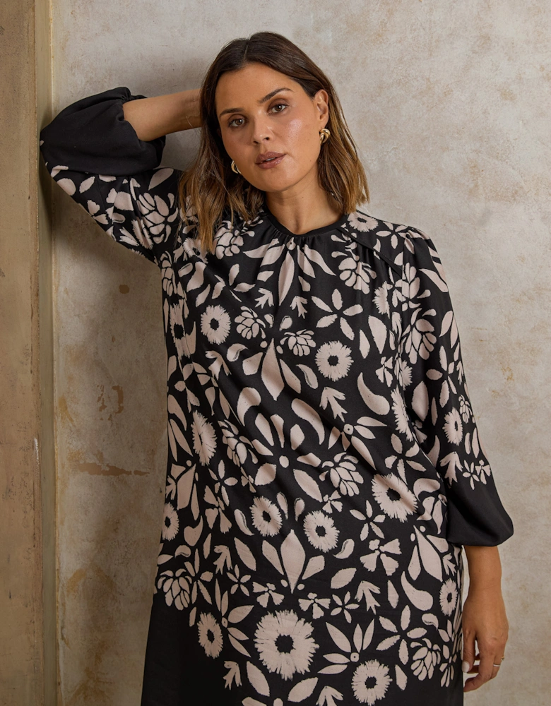 Black Graphic Floral Placement Dress