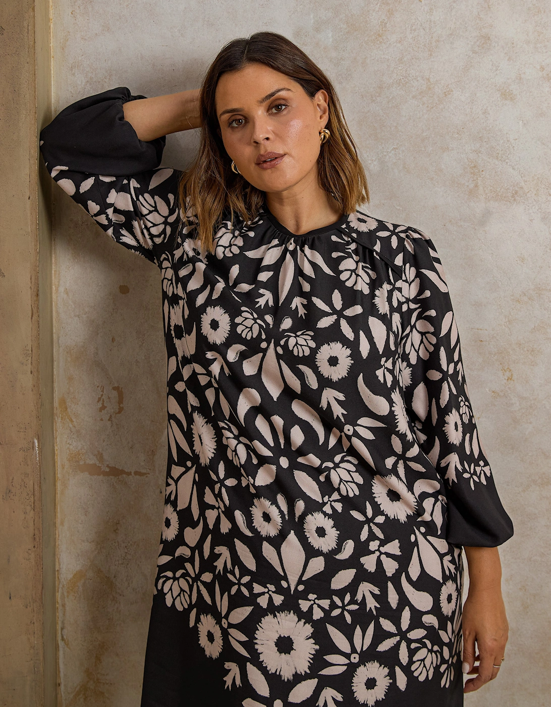 Black Graphic Floral Placement Dress