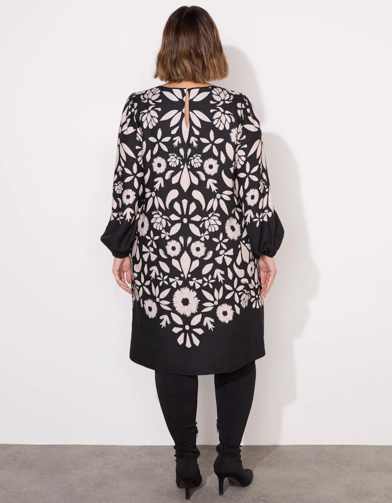 Black Graphic Floral Placement Dress