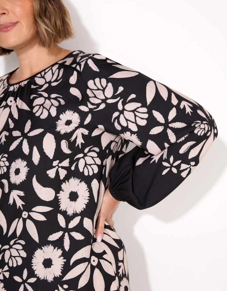 Black Graphic Floral Placement Dress