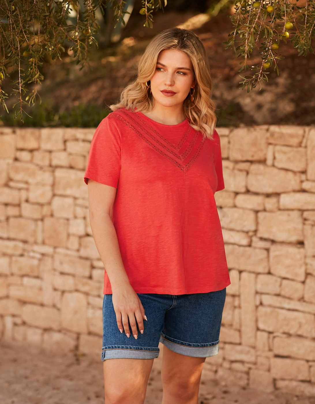 Orange Jersey Broderie V-Neck Top