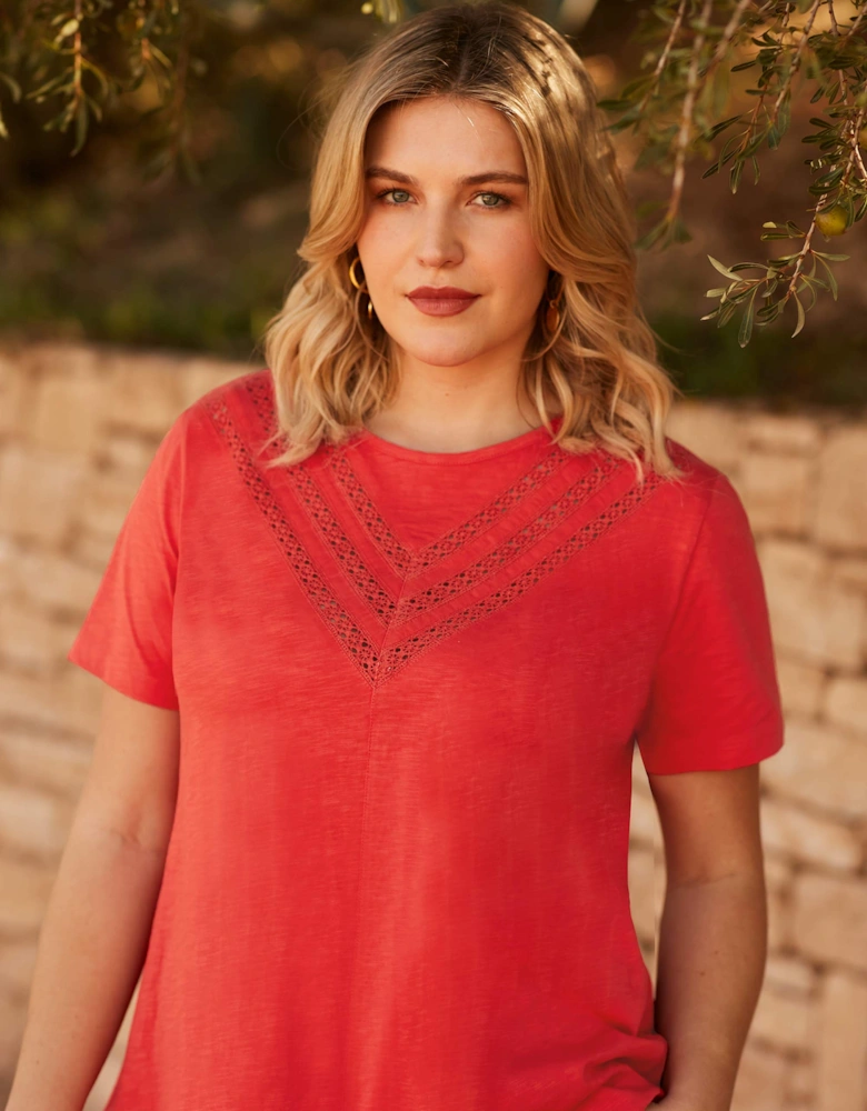 Orange Jersey Broderie V-Neck Top