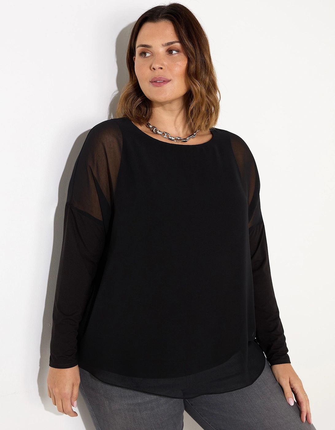 Black Overlay Chiffon Top With Jersey Sleeve