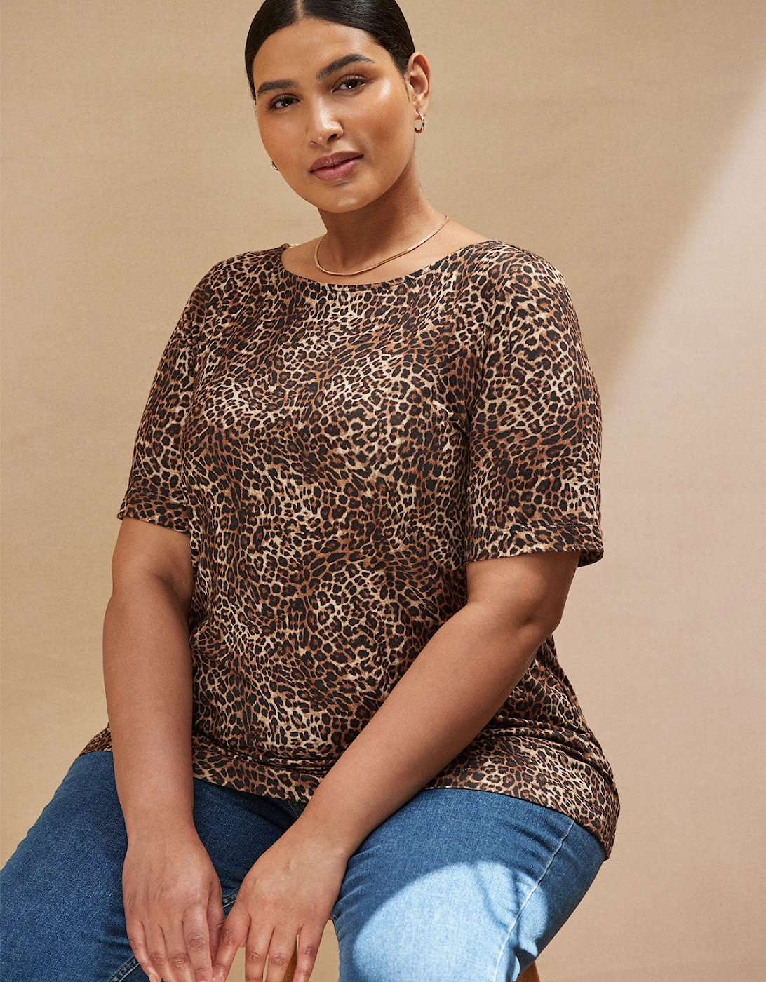 Live Unlimited London Live Unlimited London Women's Leopard Print Slash Neck Jersey T-Shirt - Brown