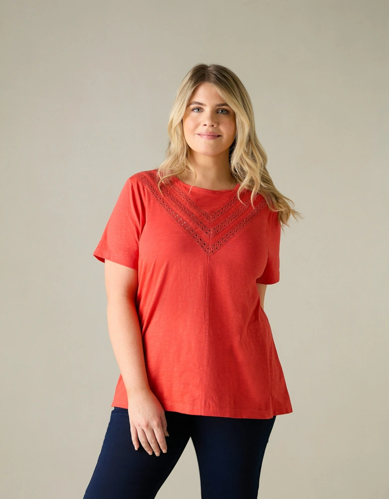 Orange Jersey Broderie V-Neck Top