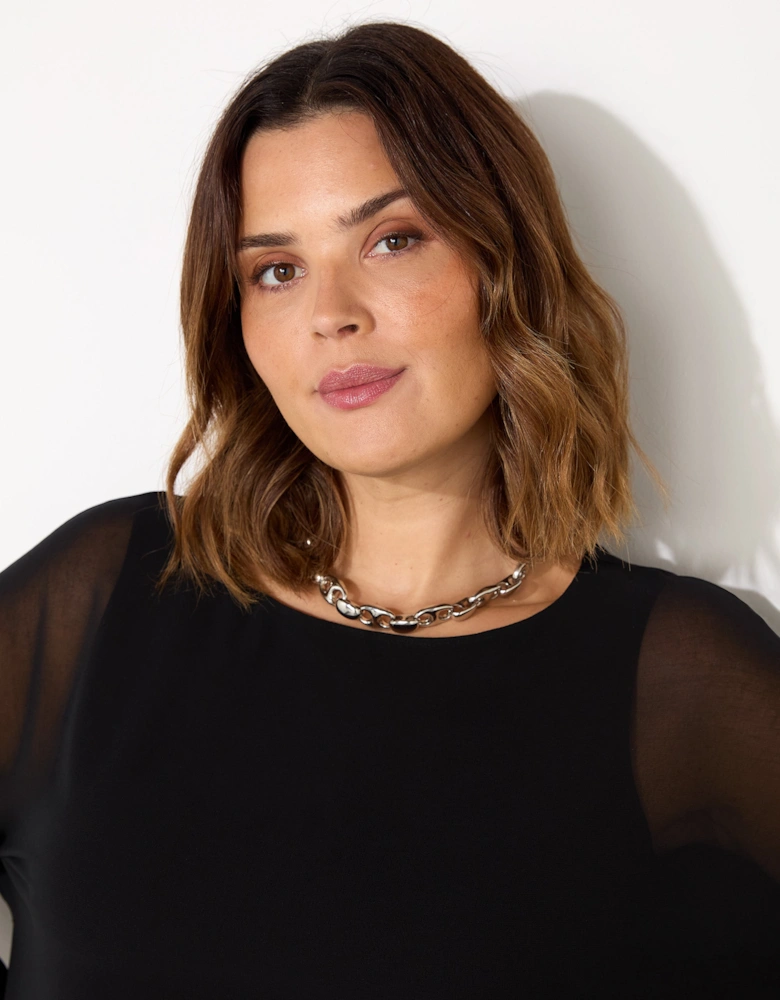 Black Overlay Chiffon Top With Jersey Sleeve