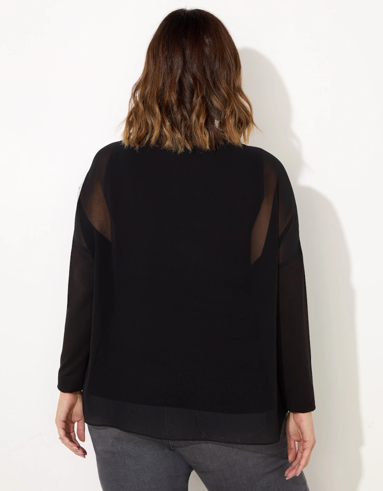 Black Overlay Chiffon Top With Jersey Sleeve