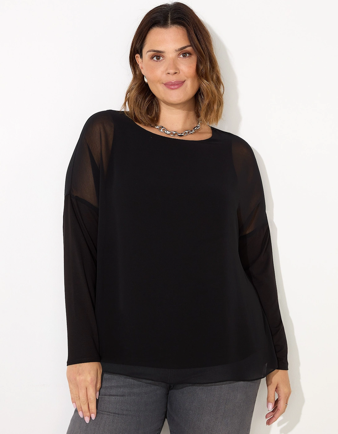 Black Overlay Chiffon Top With Jersey Sleeve