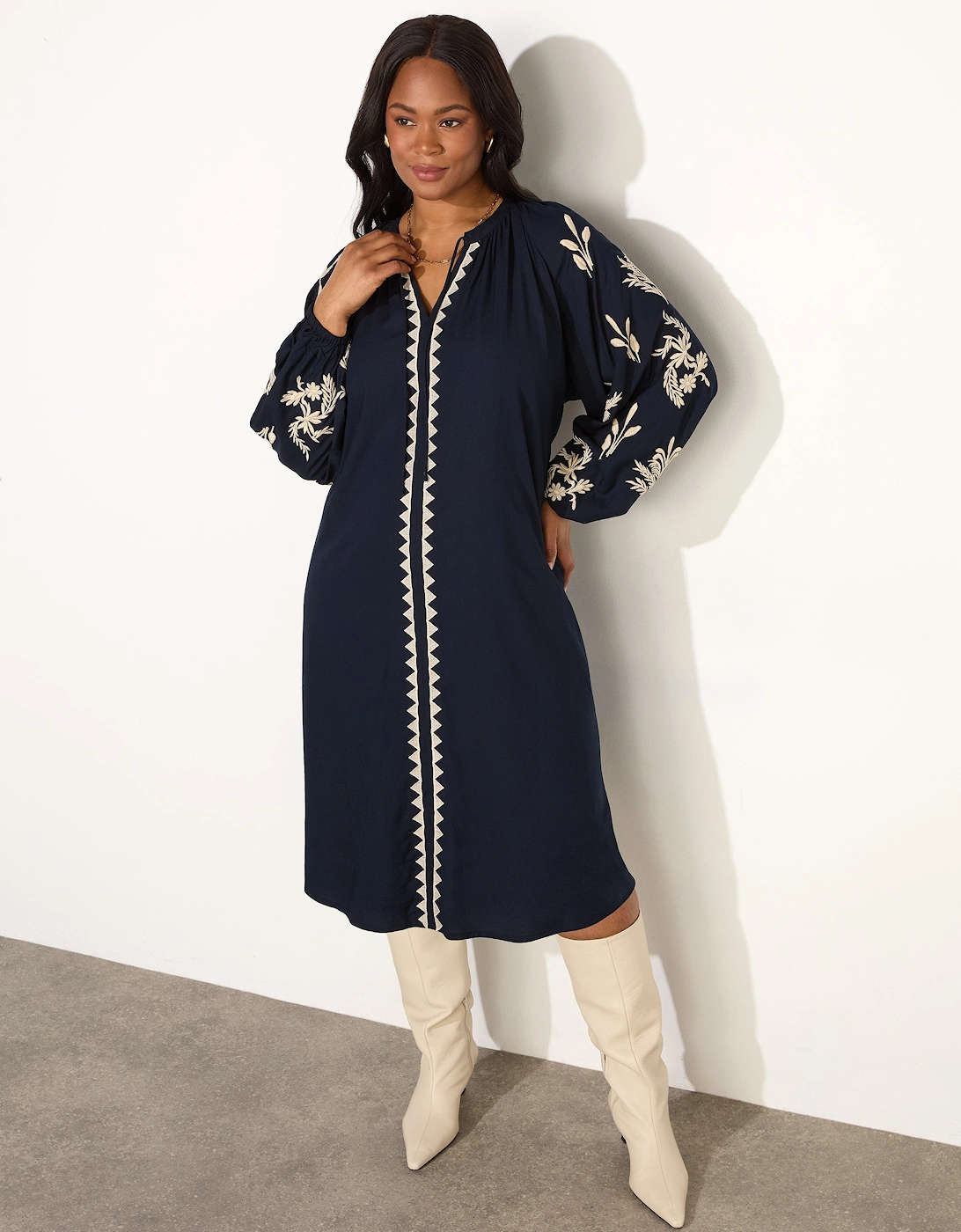 Navy Embroidered Sleeve Tie Neck Dress
