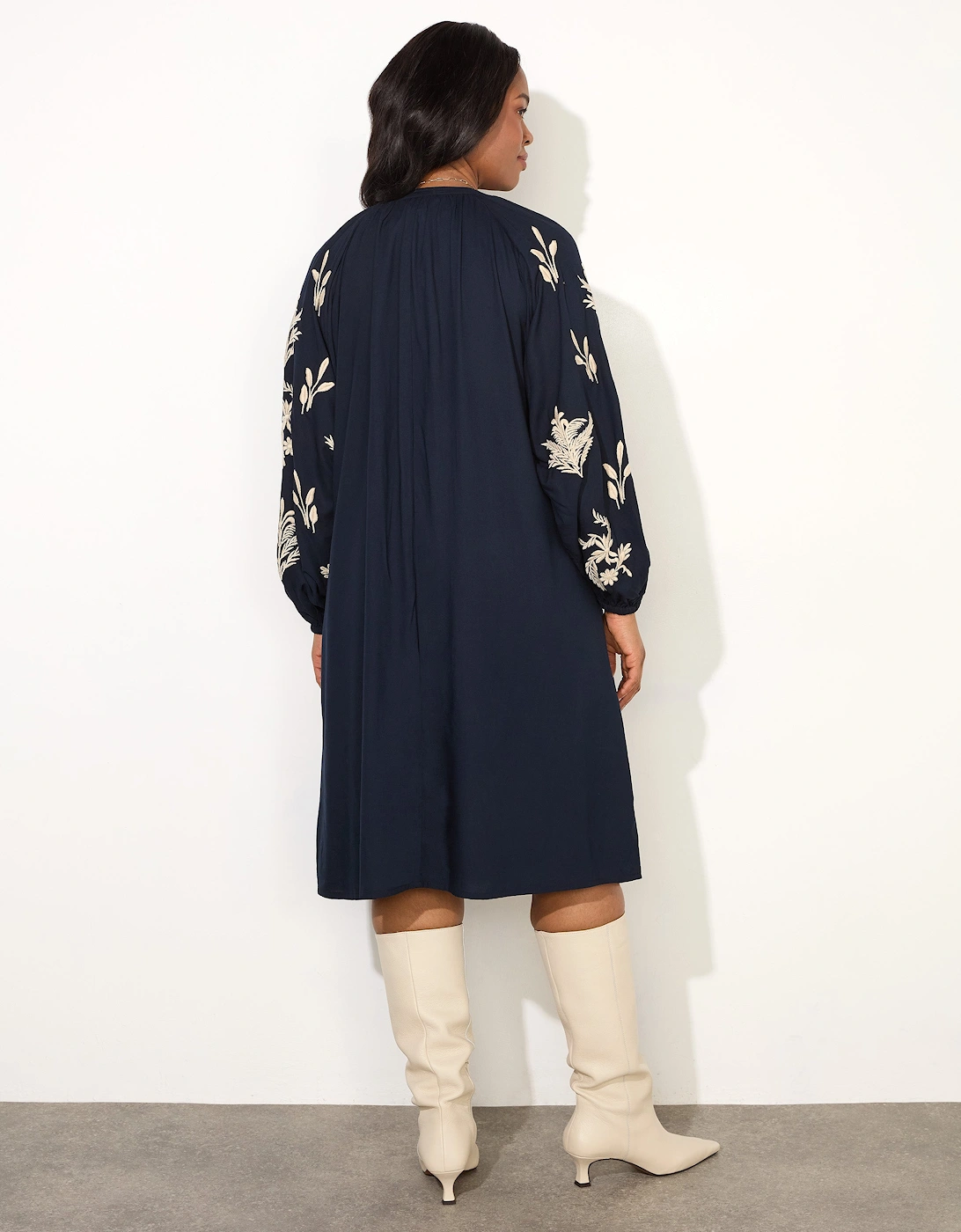Navy Embroidered Sleeve Tie Neck Dress