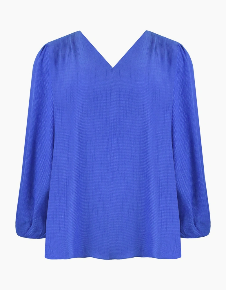Blue Textured V-Neck Blouse