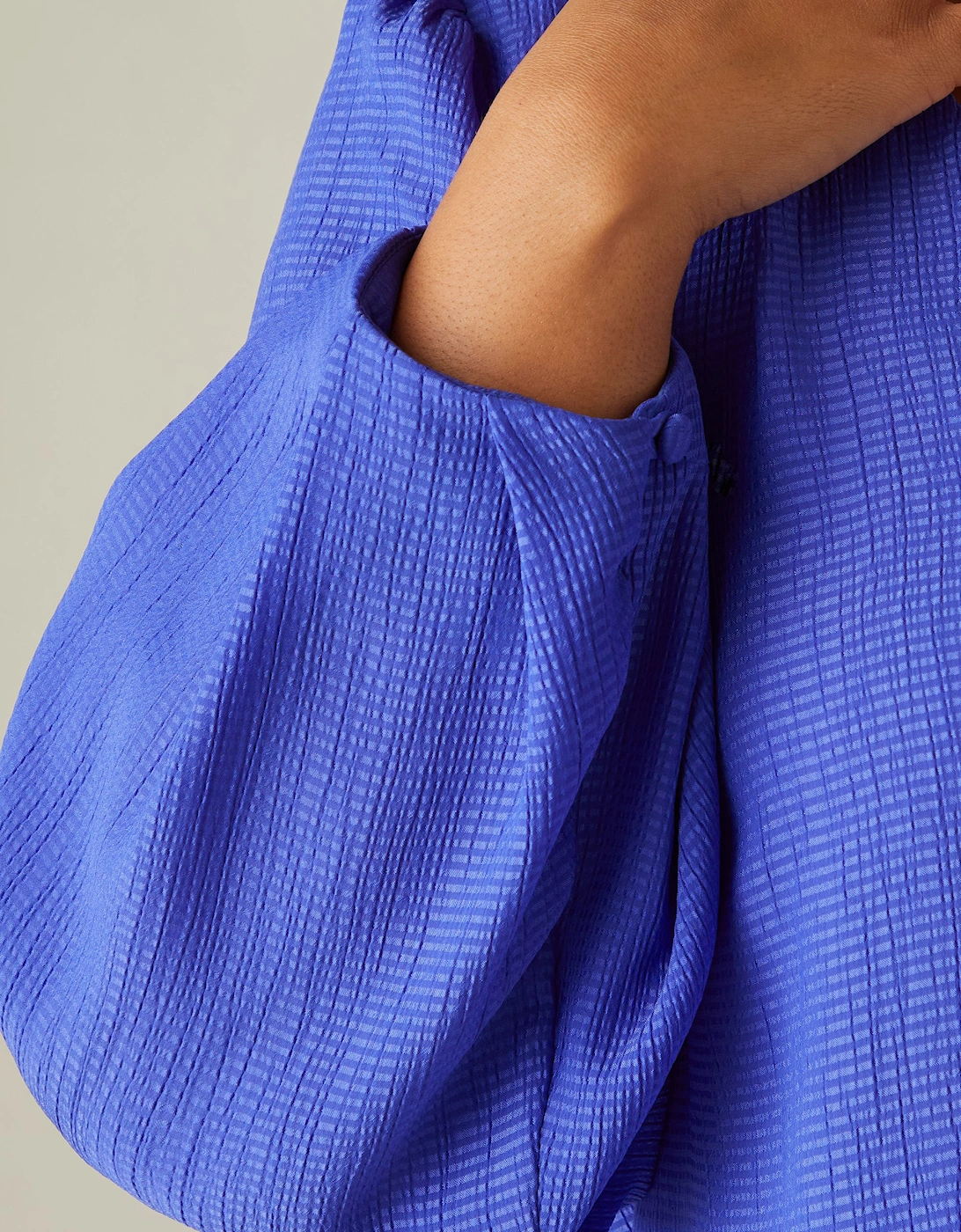 Blue Textured V-Neck Blouse