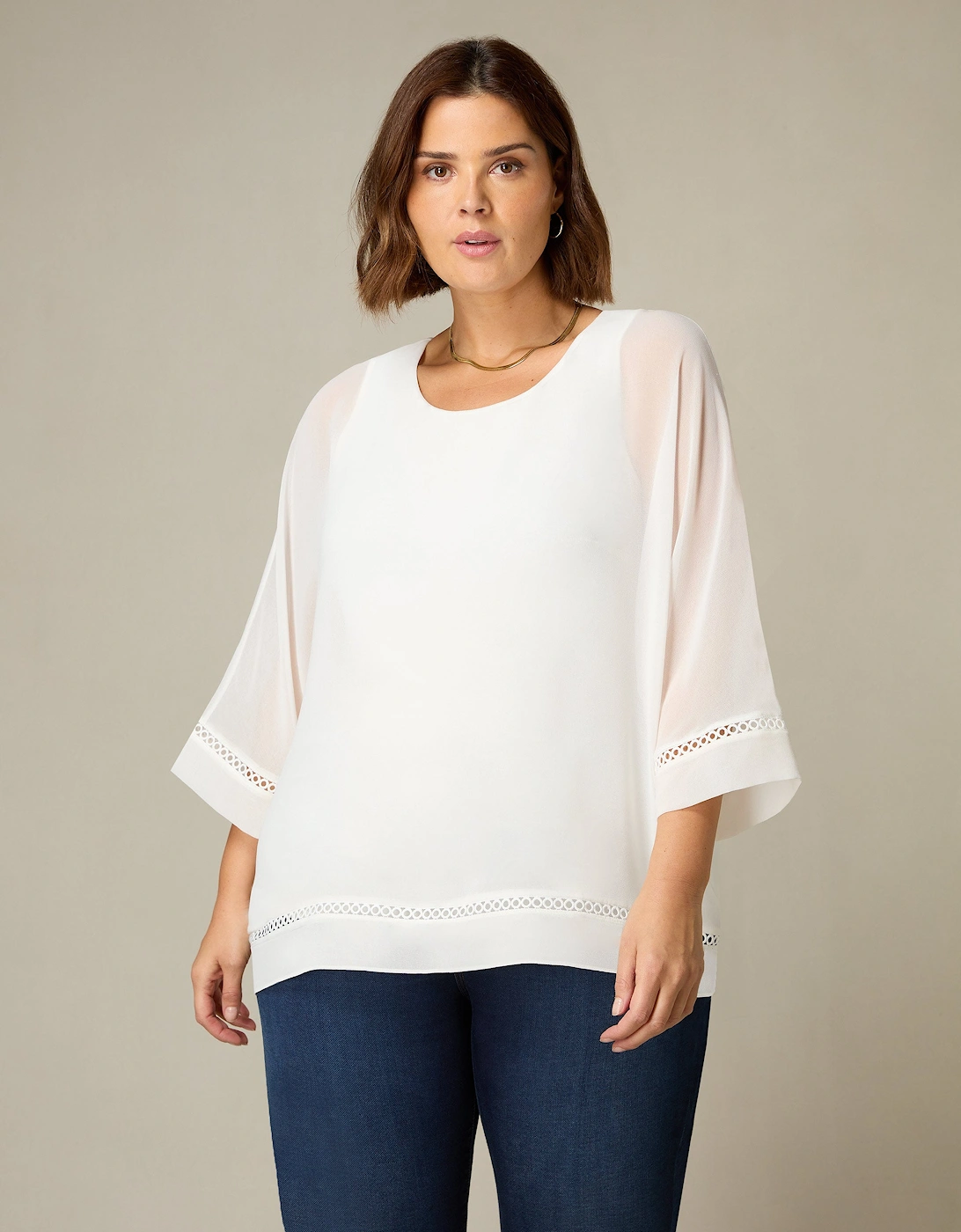 Ivory Chiffon Trim Insert Overlay Top