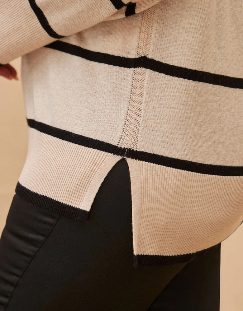 Cream And Black Stripe V Neck Jumper
