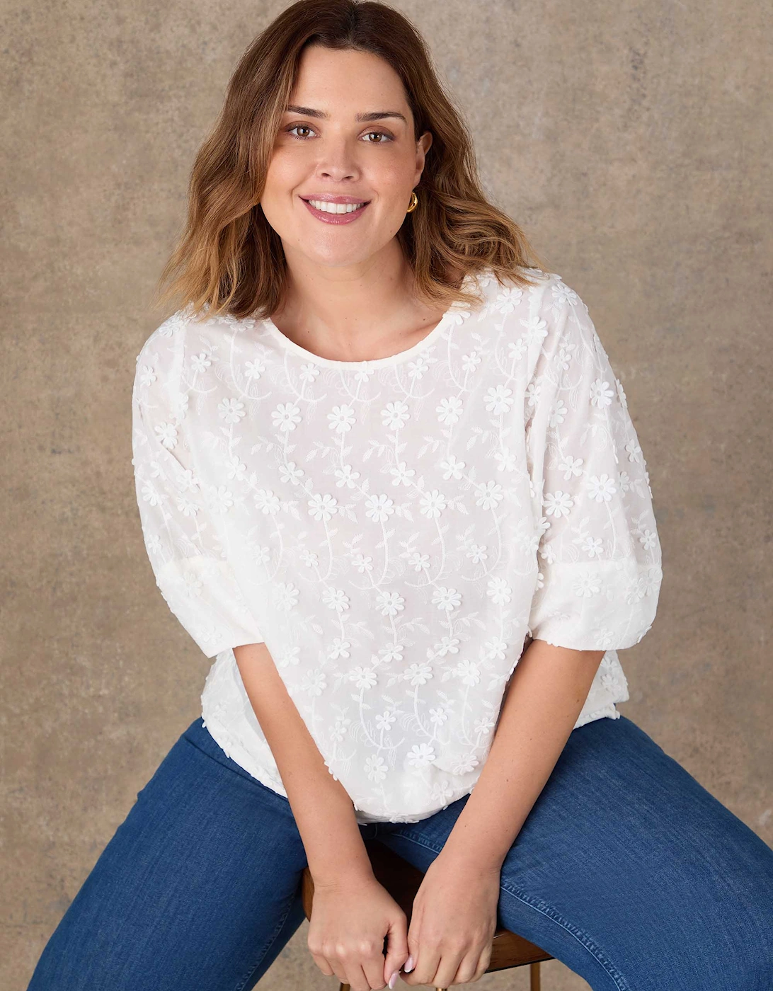 White Floral Embroidered Puff Sleeve Blouse