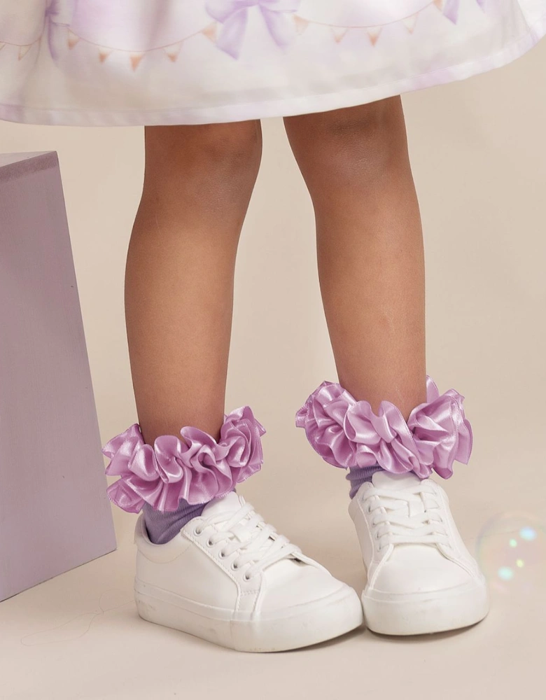 Girls Lilac Ribbon Frill Ankle Socks