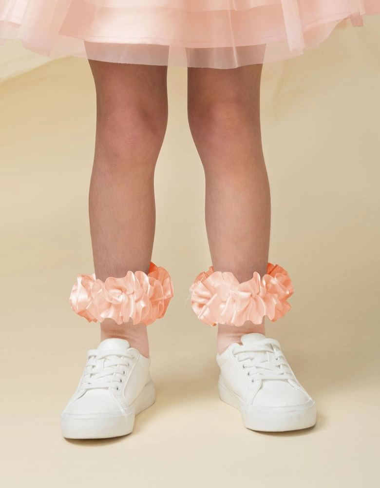 Girls Peach Ribbon Frill Ankle Socks