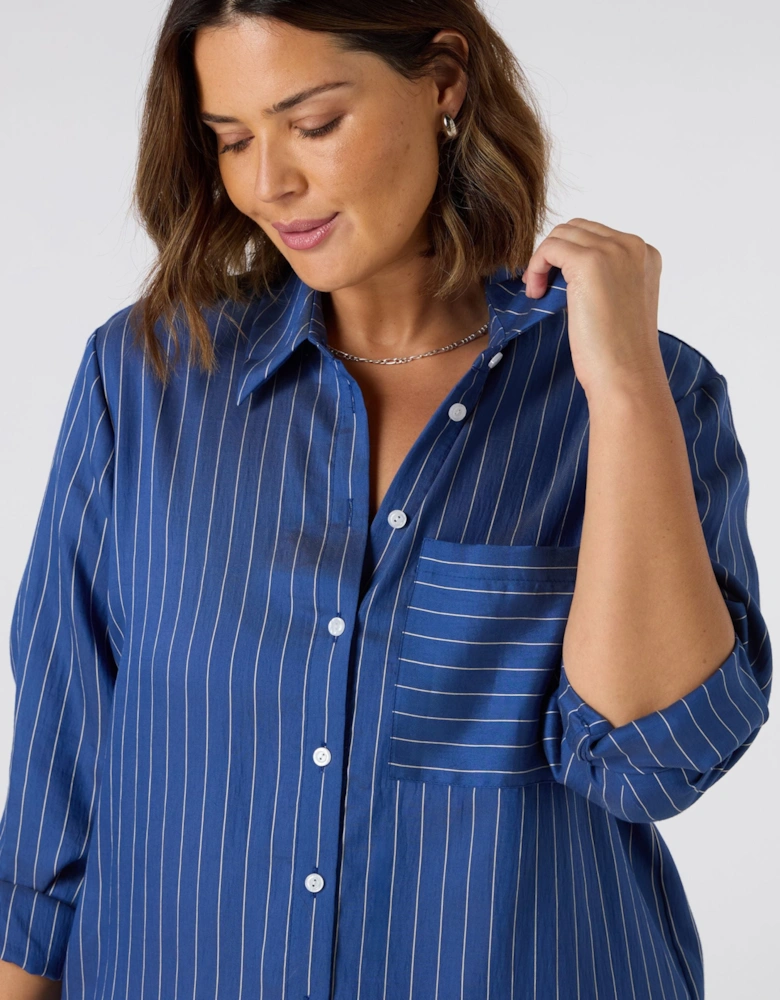 Blue Stripe Print Maxi Shirt Dress