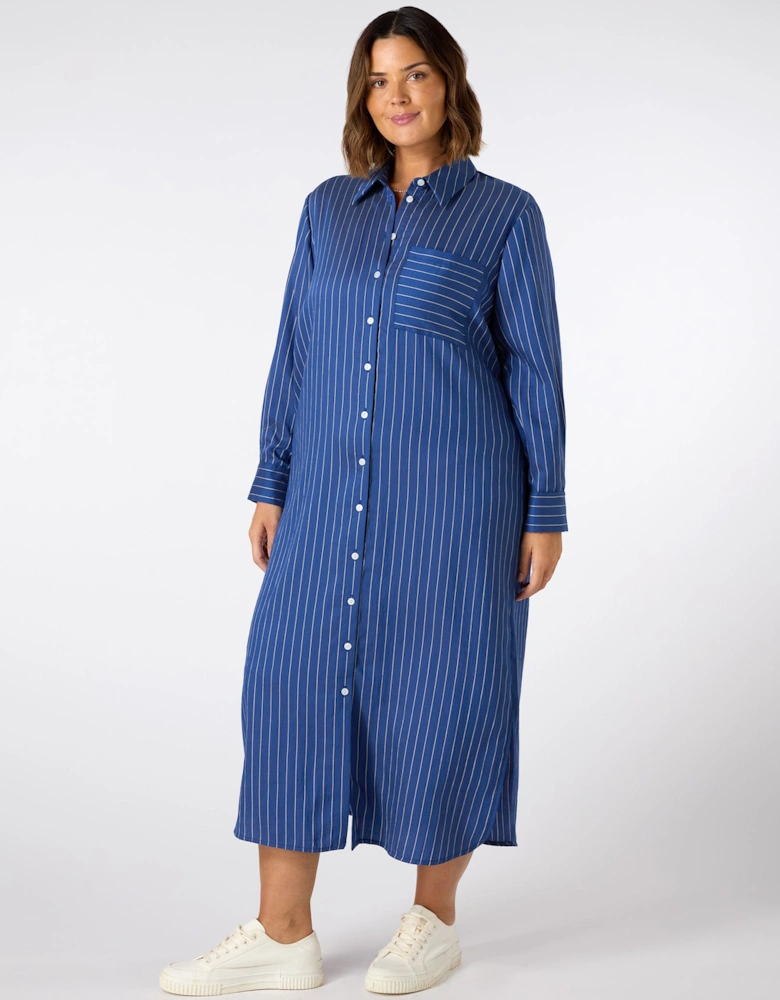 Blue Stripe Print Maxi Shirt Dress