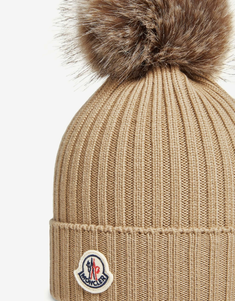 Moncler Enfant Girls Knitted Pom Pom Hat in Beige