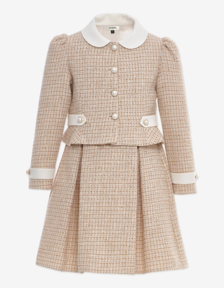 Girls Tweed Jacket and Skirt Set in Beige