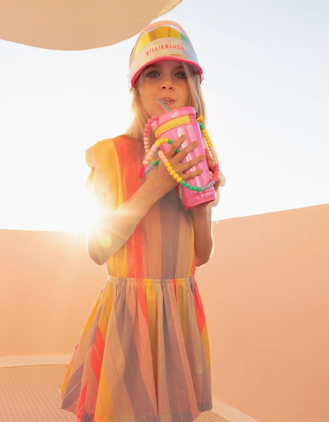 Girls Pink Multicoloured Scolloped Striped Dress