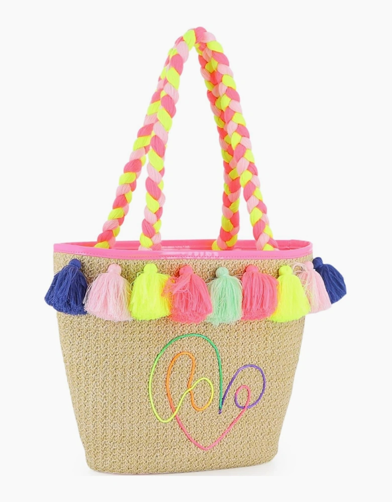Girls Woven Multicoloured Fringe Beach Bag