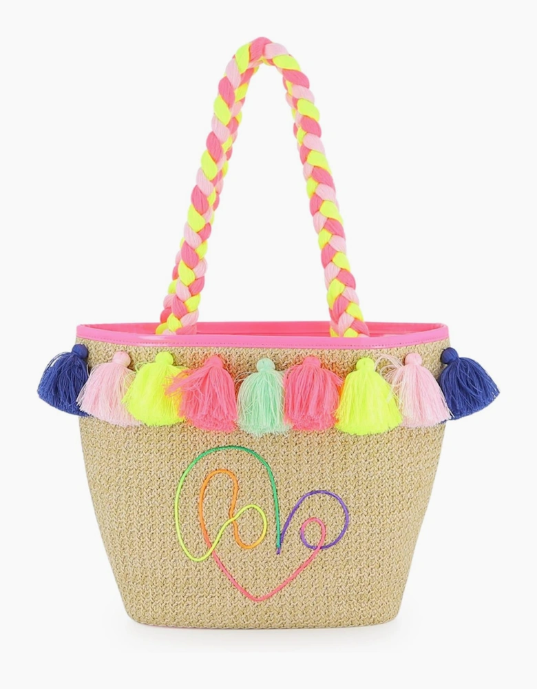 Girls Woven Multicoloured Fringe Beach Bag