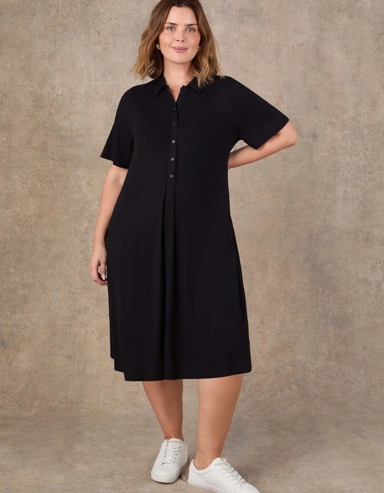 Black Half Placket Jersey Midi Shirt Dress