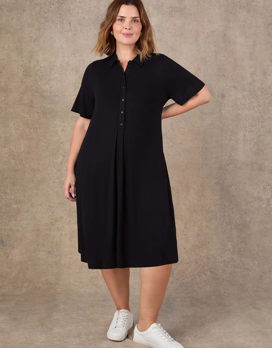 Black Half Placket Jersey Midi Shirt Dress